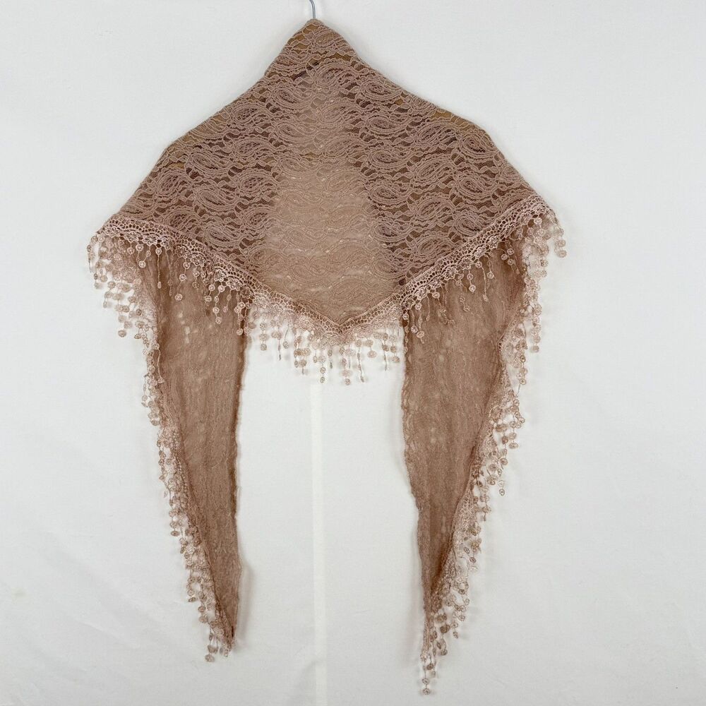 Women’s Pink Lace Triangle Shawl or Mantilla with Fringe Trim 64” X 18” - Picture 3 of 13